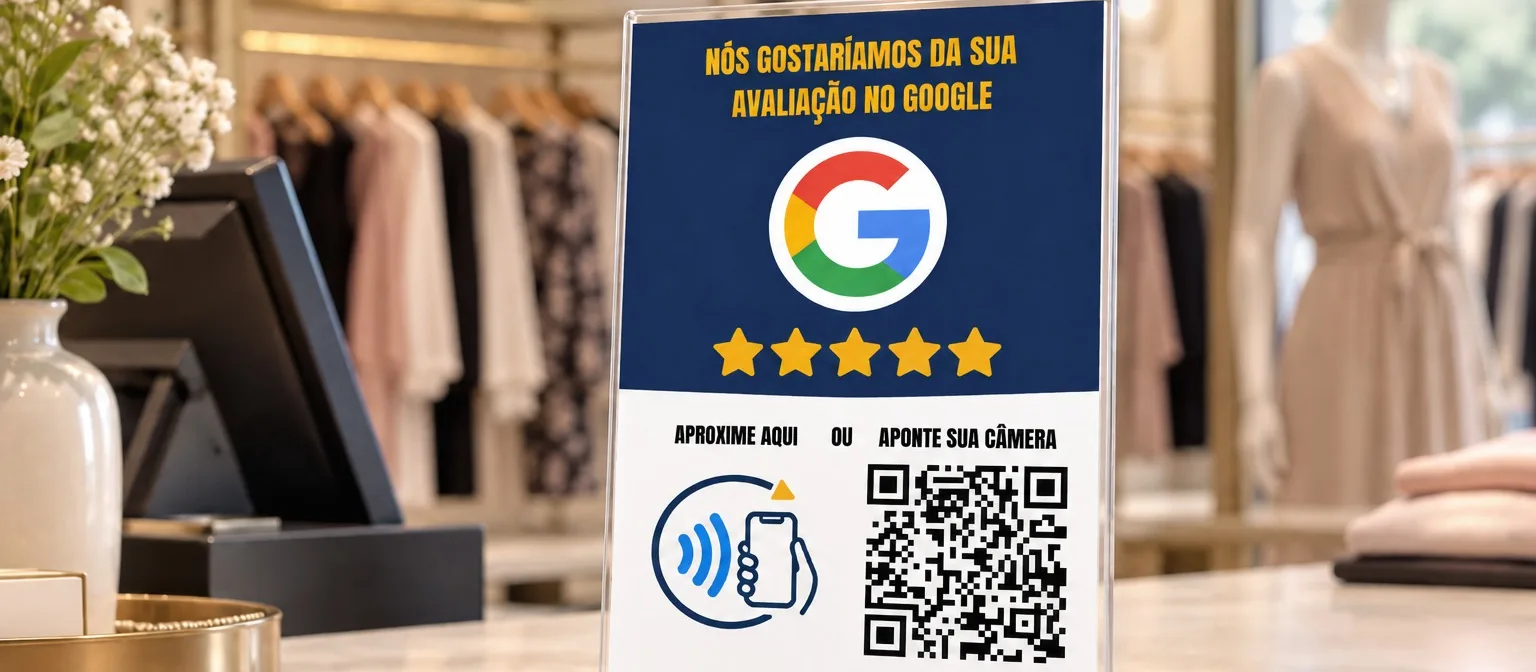 Placa de reseñas de Google sobre el mostrador de una tienda, con zona para acercar el móvil y código QR